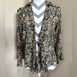 LOFT Womens Black and Tan Floral Silk Wrap Blouse